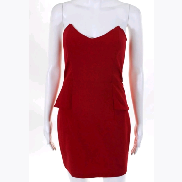 MASON STRAPLESS V NECK MINI PEPLUM DRESS RED 0 ZIP - Picture 2 of 7